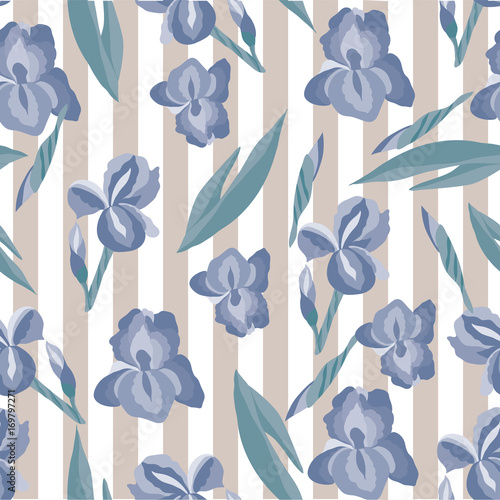 Fototapeta Naklejka Na Ścianę i Meble -   floral pattern with irises on the striped background