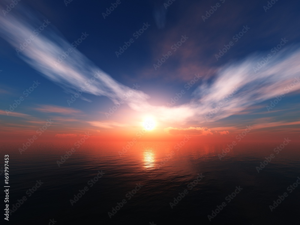 Sea sunset, sun above the water, clouds over the sea

