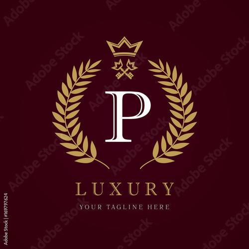 Luxury calligraphic letter P crown key monogram logo. Laurel elegant beautiful identity with crown and key. Vector letter emblem P for Royalty, Property, Restaurant, Boutique, Hotel, Heraldic, Jewelry