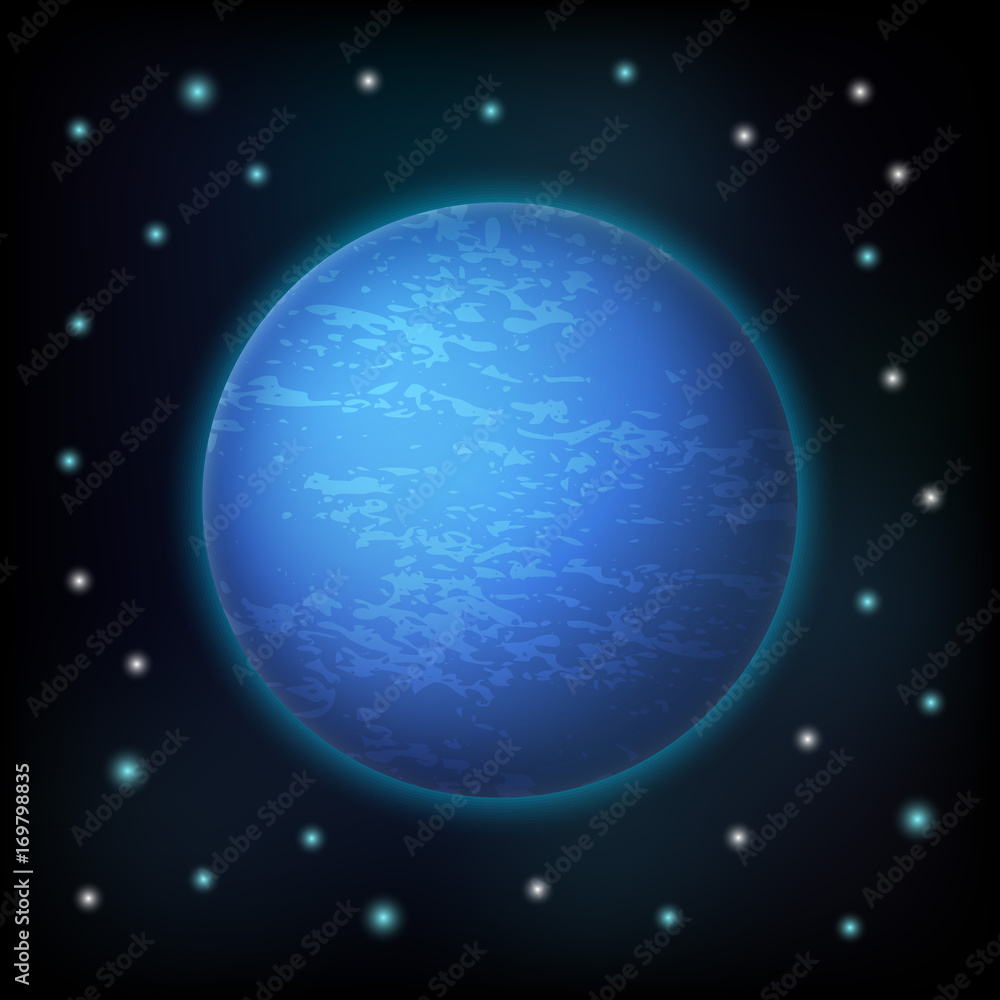 Cartoon blue planet on cosmic background with stars
