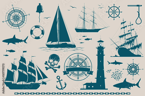 Set of nautical design elements, sailing ships, yachts, wind roses and skull. Vector illustration