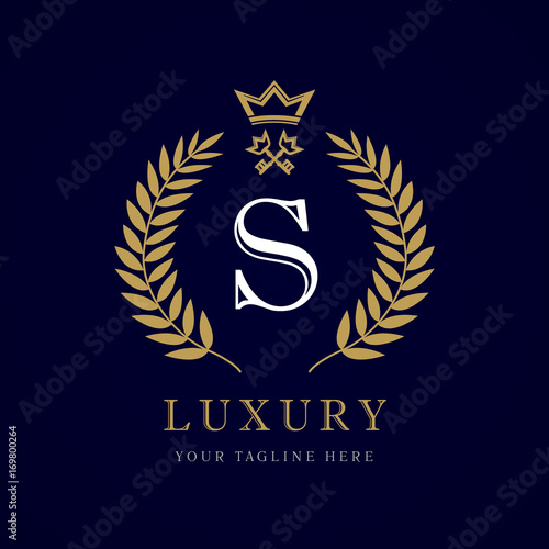 Luxury calligraphic letter S crown and key monogram logo. Laurel elegant beautiful round identity with crown and key. Vector letter emblem S for Royalty, Restaurant, Boutique, Hotel, Heraldic, Jewelry