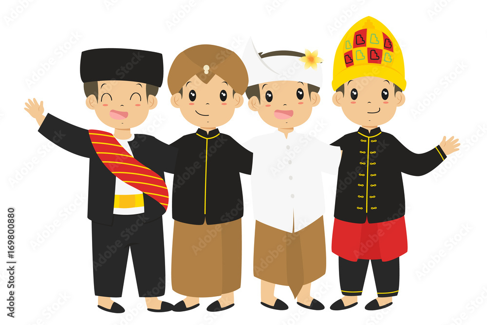 indonesian children, boys wearing traditional dress cartoon vector