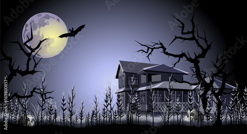 Halloween. Haunted house, trees, skulls and bat under full moon. Hand drawn vector illustration.