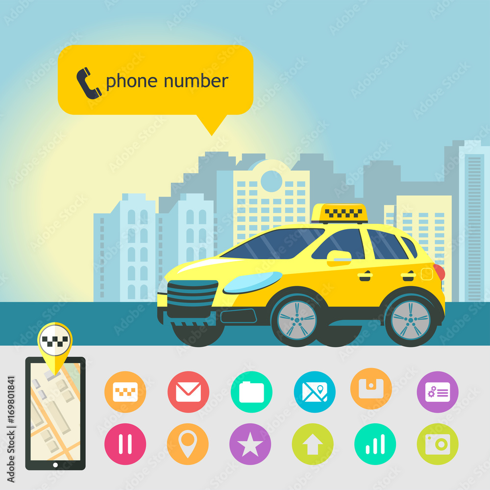 Mobile app taxi.  Taxi service. Set of icons for mobile app. Taxi in a big city.