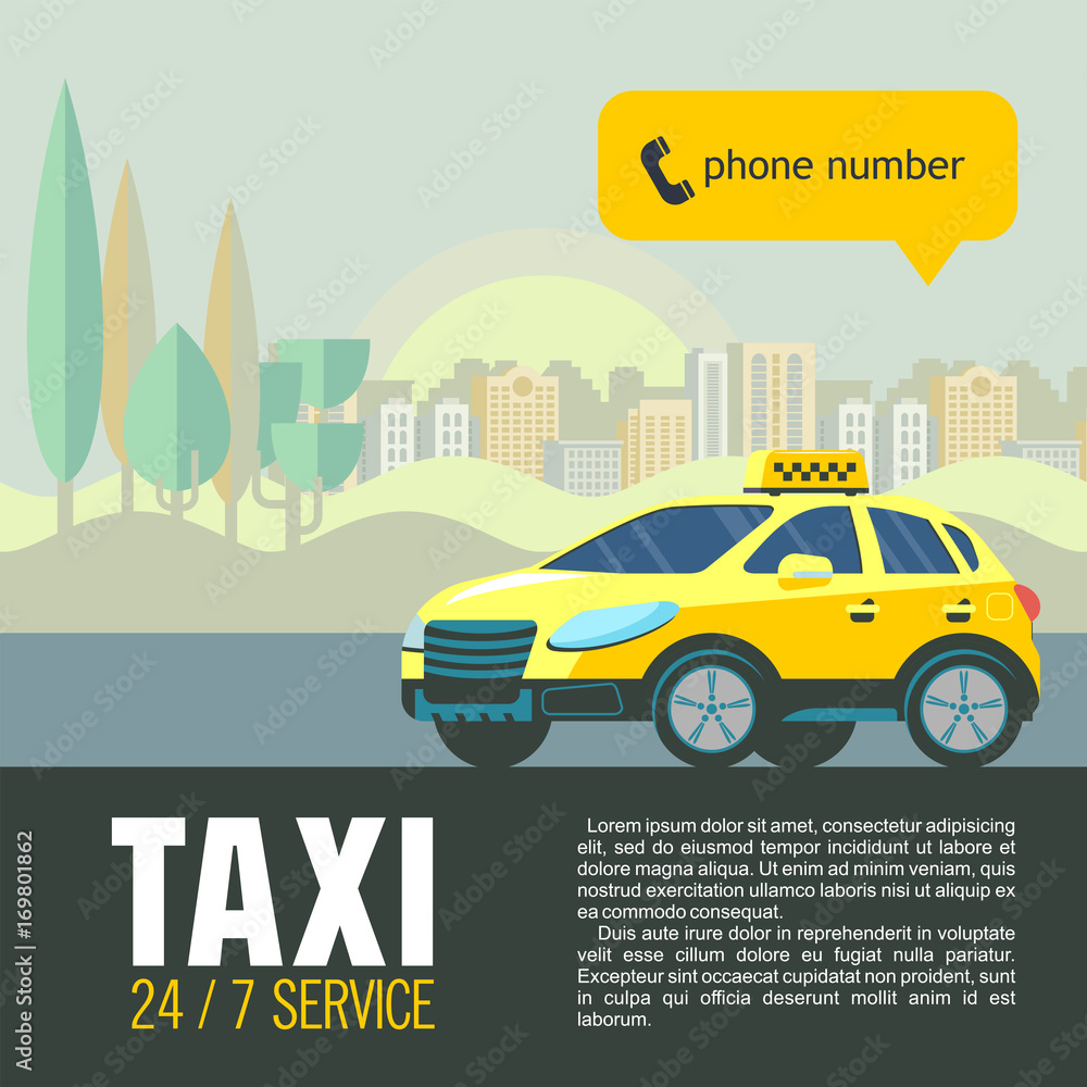 Vector illustration of a taxi service. Yellow taxi car in the background high rise buildings. Vector illustration of a taxi service. Yellow taxi car in the background high rise buildings.