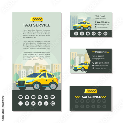 Vector logo of the taxi service. Corporate identity, business card, flyer. Taxi service. Set of icons for mobile app.