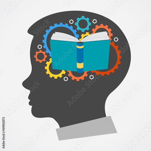 Silhouette of a man's head with images of books forming the shape of the brain