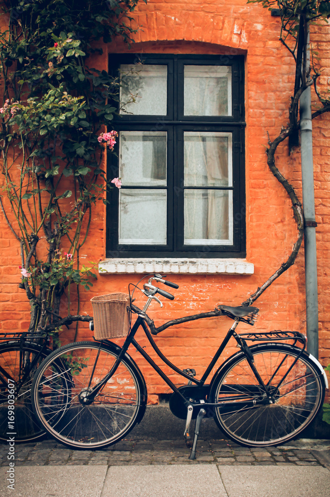 The bicycle stands on the street near the old orange wall