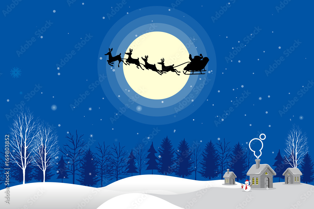 Naklejka premium Santa Claus sleigh with reindeer fly over the city background of the moonlight. Beautiful moonlight background with Santa Into the Winter Christmas Night. All in a single layer. Vector illustration.