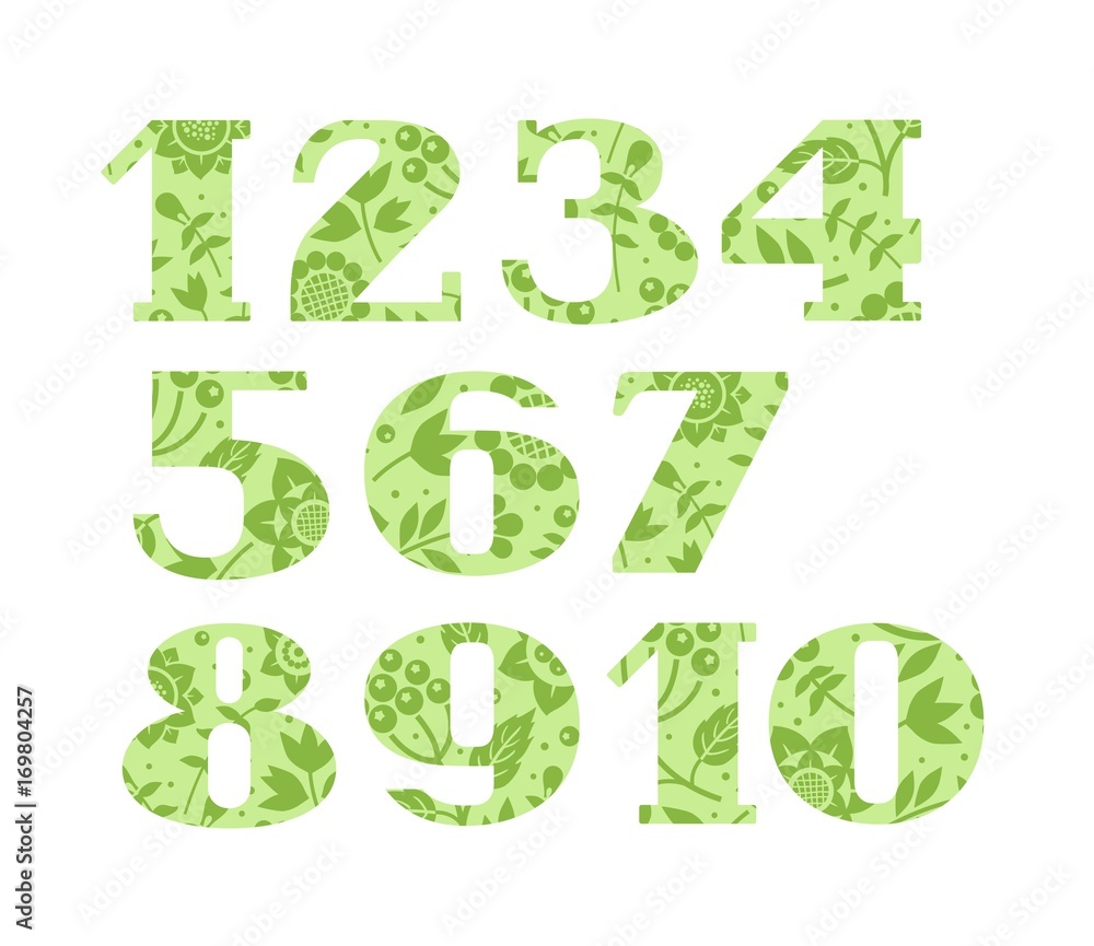 Numbers, green flowers and berries, vector. Figures with serifs. Green twigs with berries and flowers on light green background. Numbers, green flowers and berries, vector. Figures with serifs. Green twigs with berries and flowers on light green background.