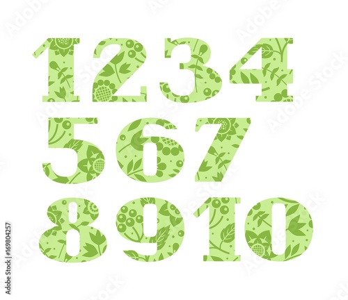 Numbers, green flowers and berries, vector. Figures with serifs. Green twigs with berries and flowers on light green background. 