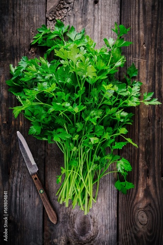 bunch of fresh organic parsley on a wooden rustic background.