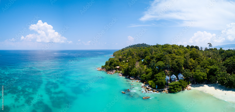 Fototapeta premium Aerial Panoramic View Tropical Island Clear Sea