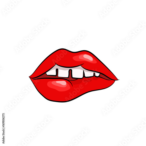 Girls open mouth with red lips biting. Womans teeth. Pop art vector illustration.
