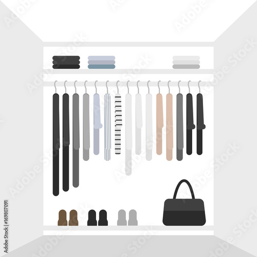 Vector flat illustration for magazines with women's closet. Minimalistic scandinavian style capsule wardrobe.