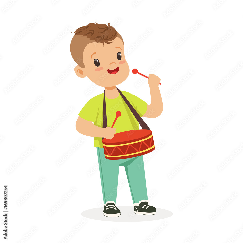 Cute little boy playing drum, young musician with toy musical instrument, musical education for kids cartoon vector Illustration