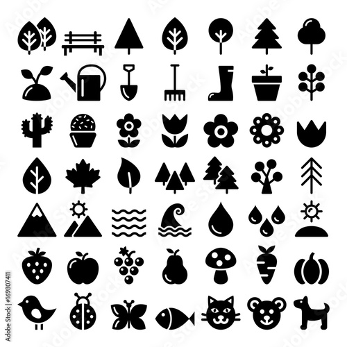 Nature vector icons set, park, outdoors animals, ecology, organic food design - big pack 