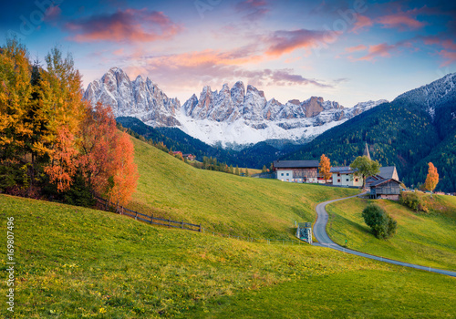 Magnificent view of Santa Maddalena village in front of the Geisler or Odle Dolomites Group