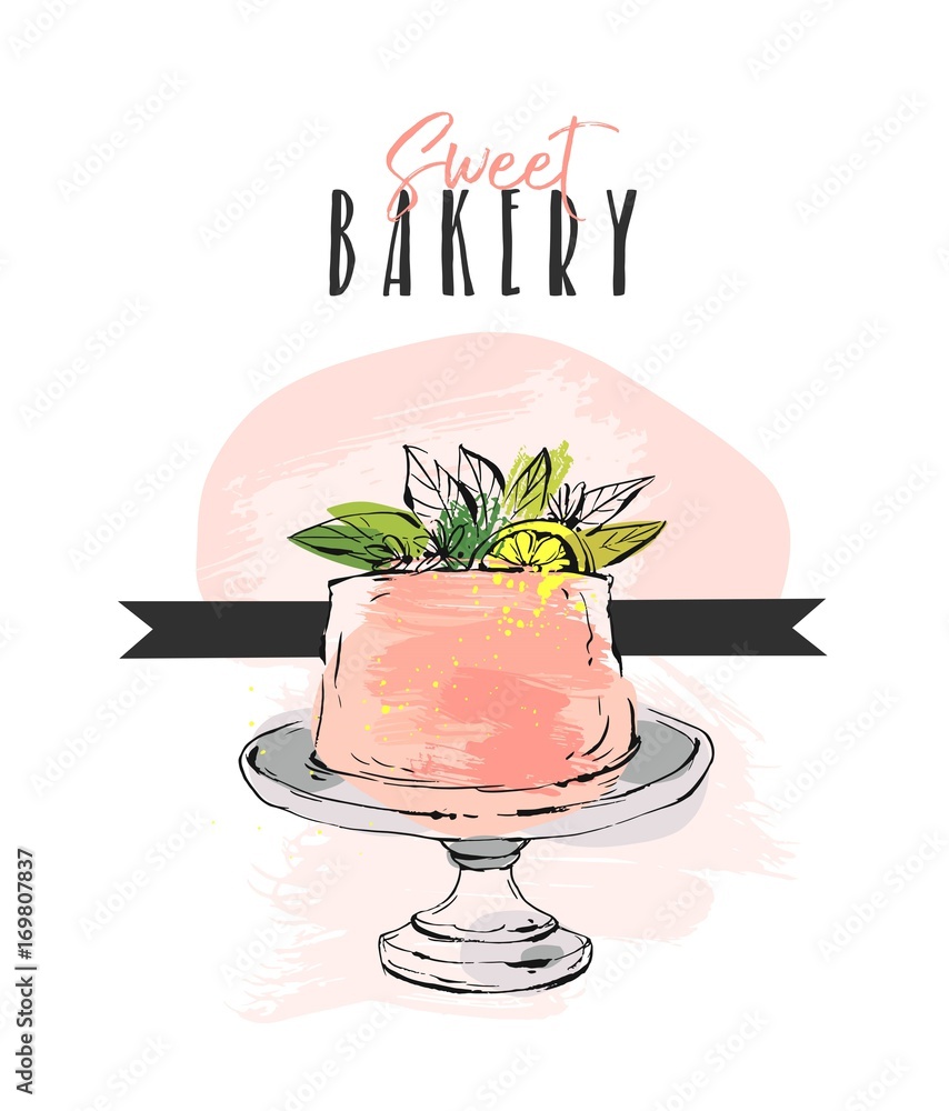 Hand drawn vector abstract unusual Sweet bakery card template with cake ...