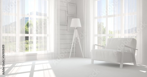 Idea of white room with armchair. Scandinavian interior design. 3D illustration