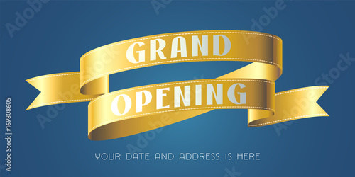 Grand opening vector illustration, background with gold color ribbon