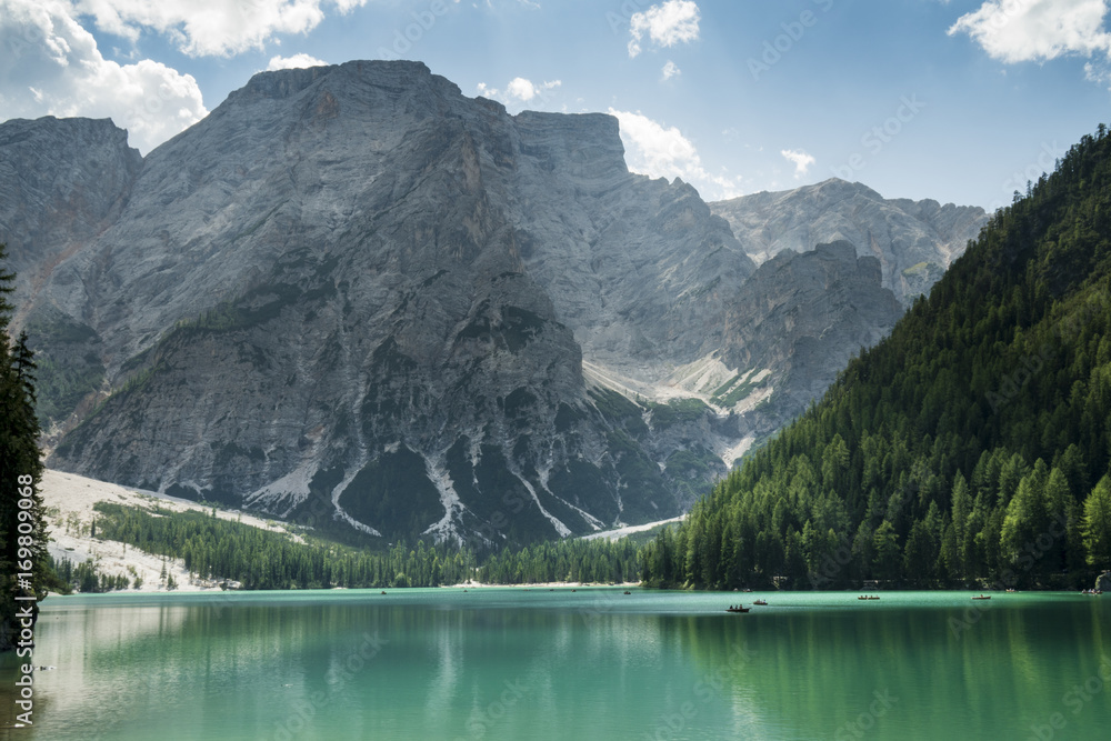 Braies Lake (Lago Di Braies, Pragser Wildsee), Dolomites, Italy. 
