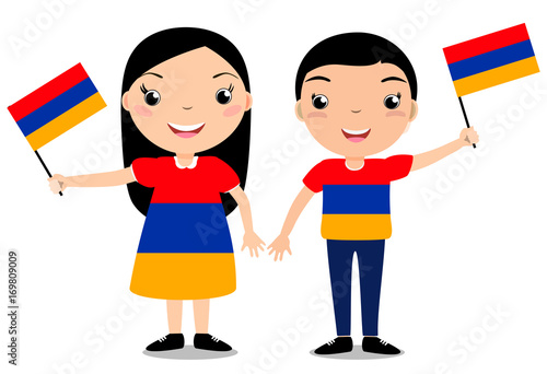 Smiling chilldren, boy and girl, holding a Armenia flag isolated on white background. Vector cartoon mascot. Holiday illustration to the Day of the country, Independence Day, Flag Day.