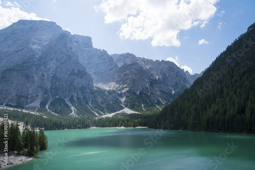 Braies Lake (Lago Di Braies, Pragser Wildsee), Dolomites, Italy. 