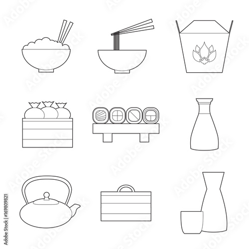 Set of simple line art asian food and equipment  icons with long shadows on white background. Wok flat