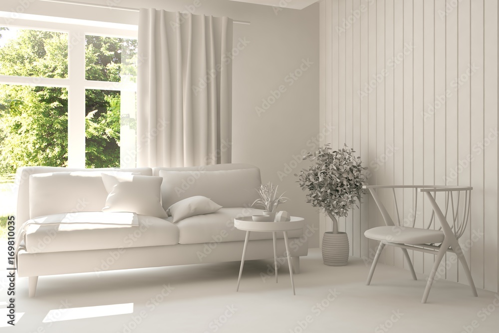 Fototapeta premium Idea of white room with sofa and summer landscape in window. Scandinavian interior design. 3D illustration