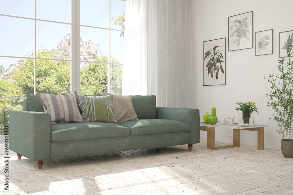 Idea of white room with sofa and summer landscape in window. Scandinavian interior design. 3D illustration Idea of white room with sofa and summer landscape in window. Scandinavian interior design. 3D illustration
