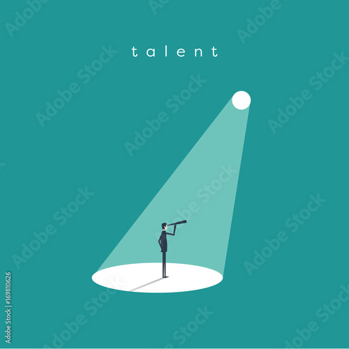 Business recruitment or hiring vector concept. Businessman standing in spotlight or searchlight looking for new career opportunities.