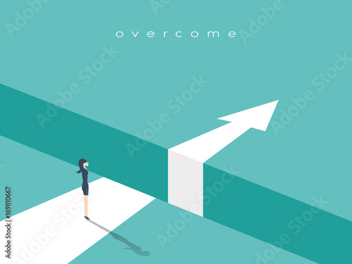 Canvastavla Business challenge or obstacle vector concept with businesswoman standing on the edge of gap, chasm with arrow going through