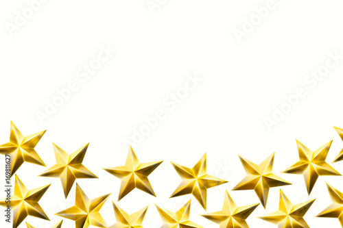 Golden Christmas background with stars. Star isolated on white background. 3D illustration.
