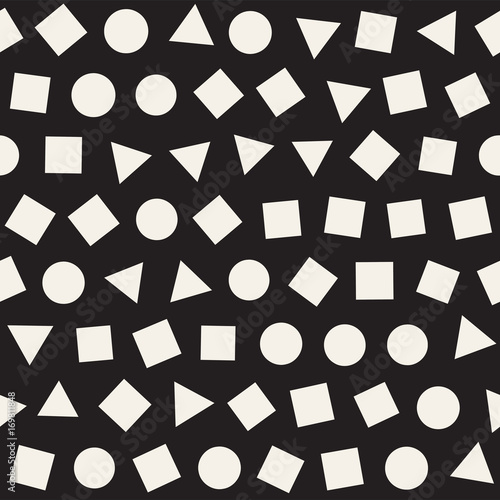 Seamless primitive jumble minimalism patterns. Randomly scattered geometric shapes. Abstract background design