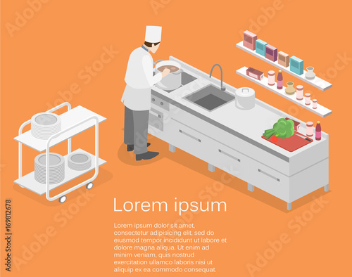 Isometric flat 3D vector interior of professional restaurant kitchen