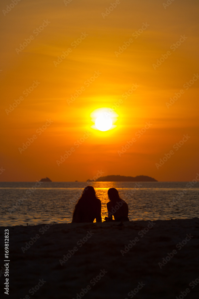 Two People Silhouette Watching Sunset Beach Ocean