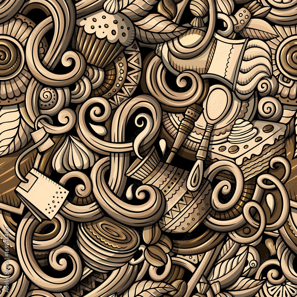 Cartoon hand-drawn doodles of cafe, coffee shop seamless pattern Cartoon hand-drawn doodles of cafe, coffee shop seamless pattern