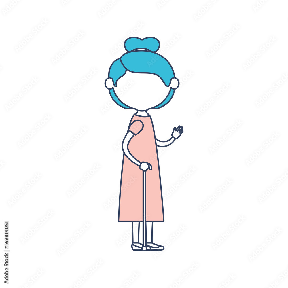 faceless caricature full body elderly woman with dress in walking stick with collected hairstyle in color section silhouette faceless caricature full body elderly woman with dress in walking stick with collected hairstyle in color section silhouette