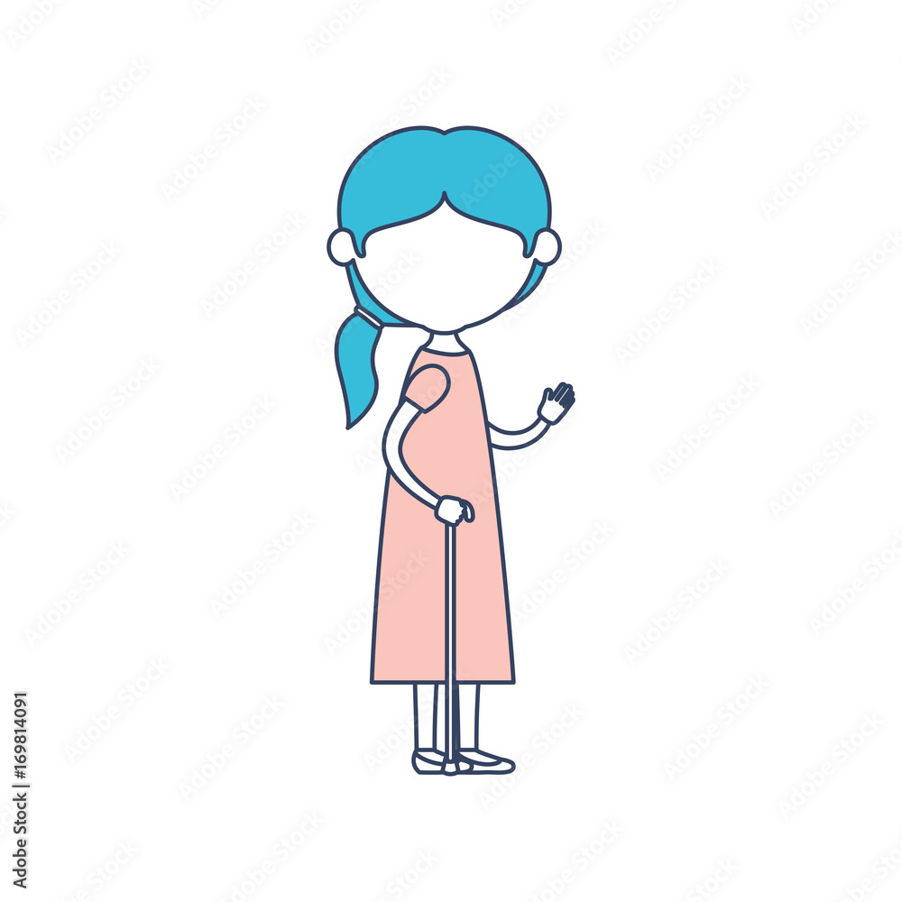 faceless caricature full body elderly woman with dress in walking stick with side ponytail hairstyle in color section silhouette faceless caricature full body elderly woman with dress in walking stick with side ponytail hairstyle in color section silhouette