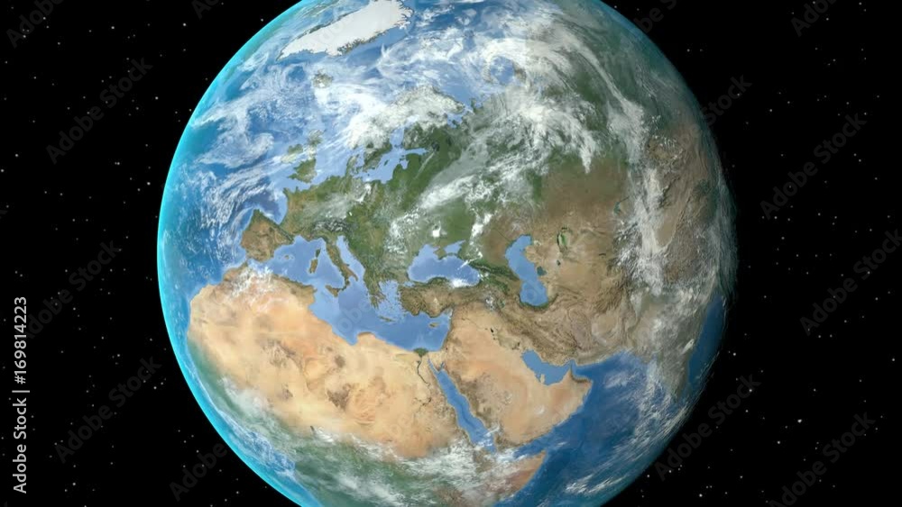 Night to day - rotating Earth. Zoom in on Sweden outlined