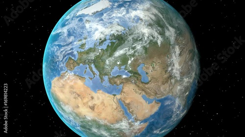 Night to day - rotating Earth. Zoom in on Sweden outlined