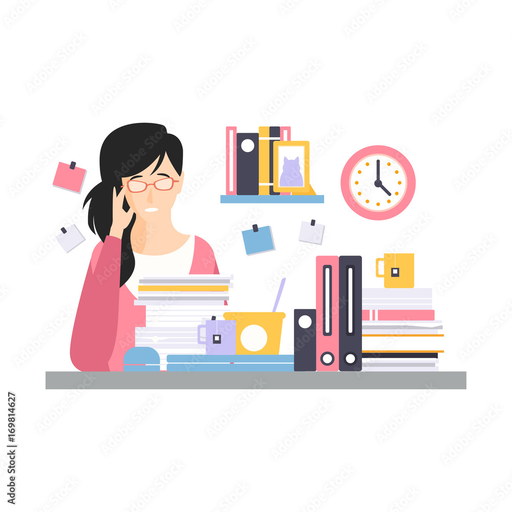 Young tired businesswoman character sitting at the desk having a lot of work with documents, daily life of office employee vector Illustration Young tired businesswoman character sitting at the desk having a lot of work with documents, daily life of office employee vector Illustration
