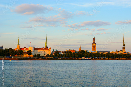 The cityscape of the old town of Riga and Daugava (Western Dvina) river, Latvia. Medieval architecture, Gothic style buildings, panoramic view