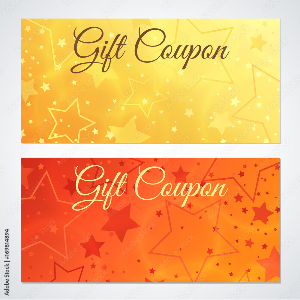 Gift certificate, Voucher, Coupon, Invitation or Gift card Discount template with sparkling, twinkling stars (texture). Red, gold background design for holiday gift banknote, check, flyer