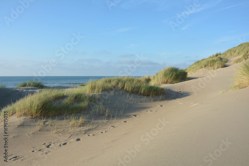In der Mitte von Sanddünen an der Nordsee mit viel Sand im Vordergrund und dem Meer im Hintergrund