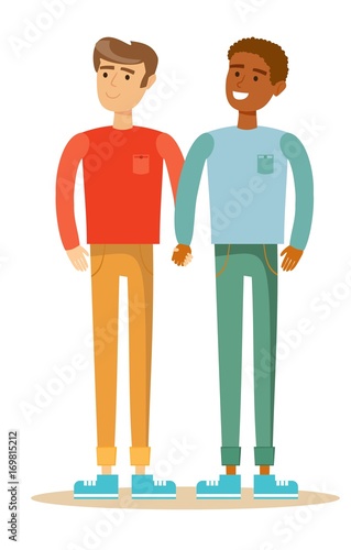 Happy gay couple spending time together. Stock flat vector illustration.