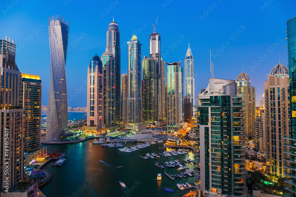 General view of Dubai Marina at night from the top