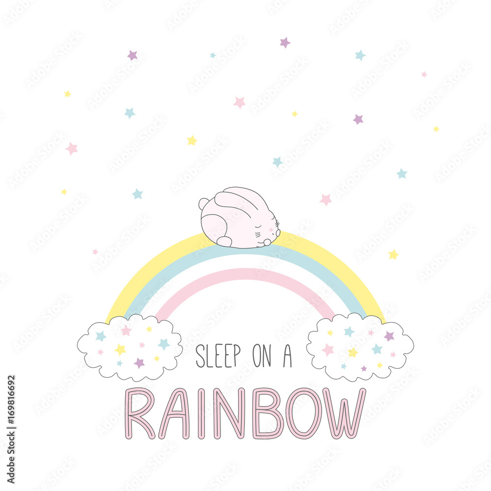 Hand drawn vector illustration of a cute bunny sleeping on a rainbow, with clouds and stars, text Sleep on a rainbow. Hand drawn vector illustration of a cute bunny sleeping on a rainbow, with clouds and stars, text Sleep on a rainbow.